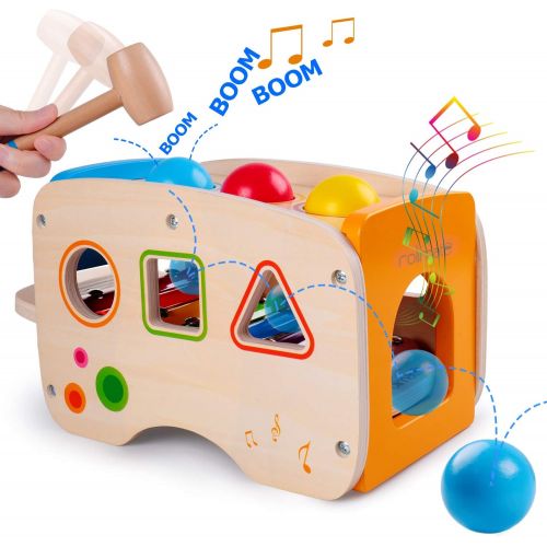  rolimate Hammering Pounding Toys Wooden Educational Toy Xylophone Shape Sorter, Birthday Gift for 1 2 3+ Years Boy Girl Baby Toddler Kids Developmental Montessori Learning Block Ba