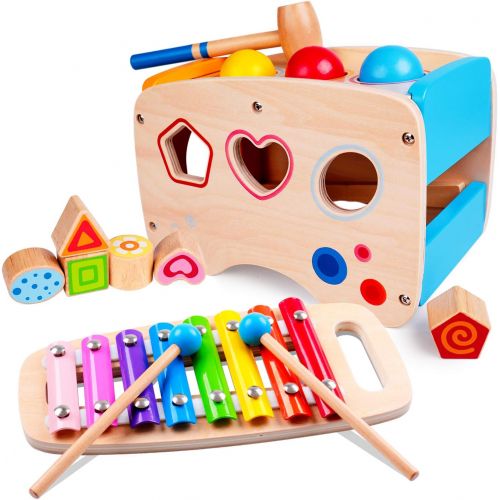  rolimate Hammering Pounding Toys Wooden Educational Toy Xylophone Shape Sorter, Birthday Gift for 1 2 3+ Years Boy Girl Baby Toddler Kids Developmental Montessori Learning Block Ba