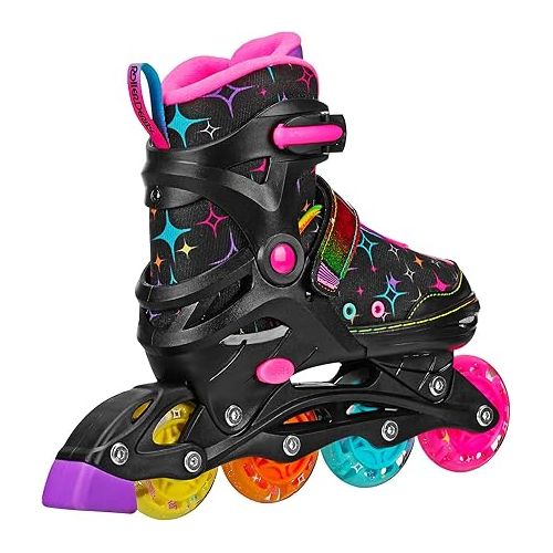  Roller Derby Stryde Youth Adjustable Inline Lighted Wheel Skates with Protective Gear, Adjustable Sizing, Tri-Pack Protective Gear Included