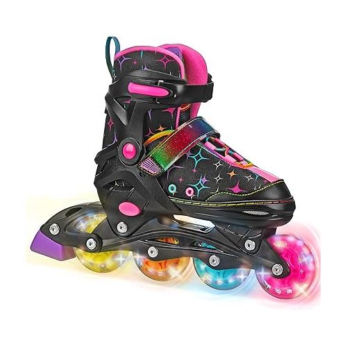 Roller Derby Stryde Youth Adjustable Inline Lighted Wheel Skates with Protective Gear, Adjustable Sizing, Tri-Pack Protective Gear Included