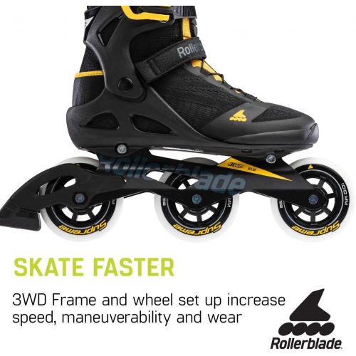 롤러블레이드 Rollerblade Macroblade 100 3WD Mens Adult Fitness Inline Skate, Black and Saffron Yellow, Performance Inline Skates