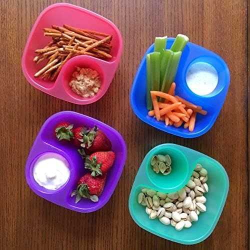  [아마존베스트]Rolling Sands Reusable Snack and Dip Bowls, 5 Pack, USA Made, Dishwasher and Microwave Safe Personal Size Plastic Divider Bowls, BPA-Free, Two Compartments to Hold All Kinds of Dip