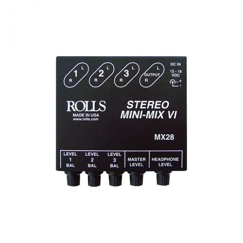 Rolls},description:The Rolls MX28 stereo line mixer has 3 channels, each channel has individual 14 IOs plus level and pan (balance) controls. Master volume. 2 headphone outs, wit