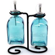 Romantic Decor and More Country Vinegar & Olive Oil Bottle Set, Decorative Liquid Dispenser Set/2, G240VM Aqua Glass Cruet, Drizzler Roman Bottles, with Swirl Stand
