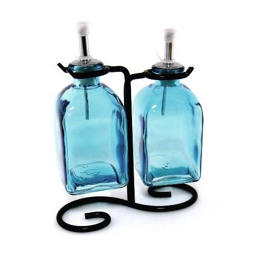  Romantic Decor and More Country Vinegar & Olive Oil Bottle Set, Decorative Liquid Dispenser Set/2, G240VM Aqua Glass Cruet, Drizzler Roman Bottles, with Swirl Stand