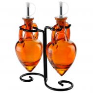 Romantic Decor and More Olive Oil and Vinegar Dispenser, Cruet Set or Dish Soap Holder G6F Orange Amphora Style Glass Bottle Set with Stainless Steel Pour Spouts & Corks. Black Metal Vintage Swirl Rack In