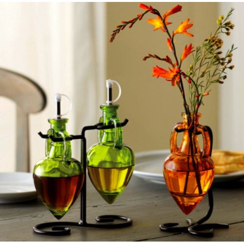  Romantic Decor and More Olive Oil and Vinegar Dispenser, Cruet Set or Dish Soap Holder G6F Orange Amphora Style Glass Bottle Set with Stainless Steel Pour Spouts & Corks. Black Metal Vintage Swirl Rack In