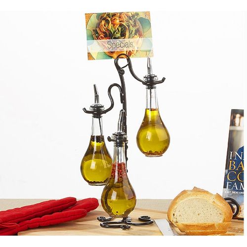  Romantic Decor and More Retro Kitchen Decor Vinegar and Oil Dispenser, Olive Oil Bottle, G49 Vinegar Bottle ~ Decorative Liquid Dispenser Bottle ~ 3 Aqua Drop Bottles w/ Pour Spouts & Metal Stand