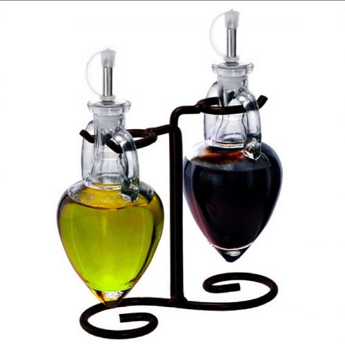  Romantic Decor and More Oil and Vinegar Dispenser, Oil Bottles for Kitchen or Liquid Soap Dispenser G5F Amber Amphora Style Glass Bottle Set with Pour Spouts, Corks, and a Powder Coated Black Metal Vintag