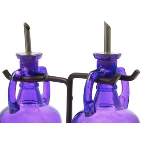  Romantic Decor and More Oil Dispensing Bottle, Oil Cruet with Pourer or Glass Soap Dispenser G7F Purple Amphora Style Glass Bottle Set with Pour Spouts, Corks, and a Powder Coated Black Metal Vintage Swir