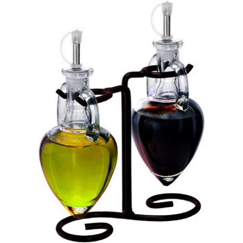  Romantic Decor and More Glass Soap dispenser for Kitchen, Olive Oil Bottle Holders or Cruet Set G224VM Cobalt Blue Amphora Style Bottle Set with Stainless Steel Pour Spouts, Corks & Powder Coated Black Vi