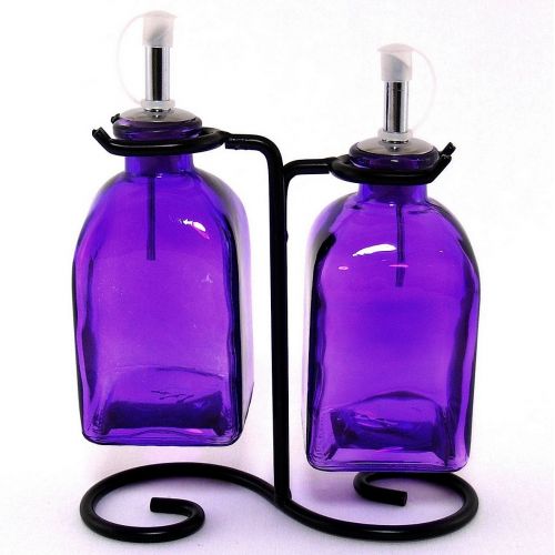  Romantic Decor and More Country Olive Oil & Vinegar Kitchen Dispensers Decorative Bottles 2pc ~ G13F Purple Glass Roman Style Oil Vinegar Bottles with Pour Spout and Black Metal Stand ~ Decorative Liquid