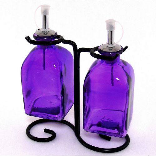  Romantic Decor and More Country Olive Oil & Vinegar Kitchen Dispensers Decorative Bottles 2pc ~ G13F Purple Glass Roman Style Oil Vinegar Bottles with Pour Spout and Black Metal Stand ~ Decorative Liquid