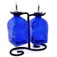 Romantic Decor and More Oil & Vinegar Dispenser Set, Decorative Olive Oil Bottles or Liquid Soap Container G18F Cobalt Blue Roma Bottle. Stainless Steel Pour Spout, Cork and Black Metal Stand included