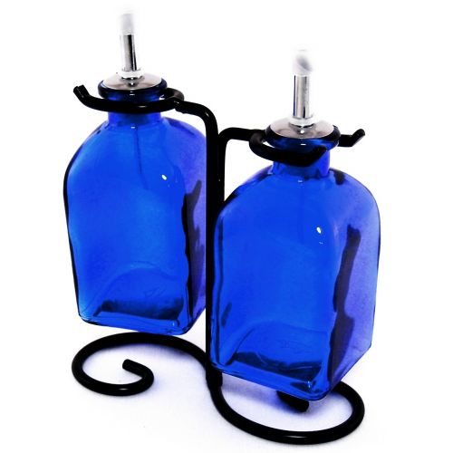  Romantic Decor and More Oil & Vinegar Dispenser Set, Decorative Olive Oil Bottles or Liquid Soap Container G18F Cobalt Blue Roma Bottle. Stainless Steel Pour Spout, Cork and Black Metal Stand included