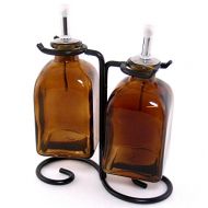 Romantic Decor and More Roman Olive Oil & Vinegar Kitchen Dispensers Decorative Bottles 2pcs ~ G15F Amber Glass Roman Style Oil Vinegar Bottles with Pour Spout and Black Metal Stand ~ Decorative Liquid Di