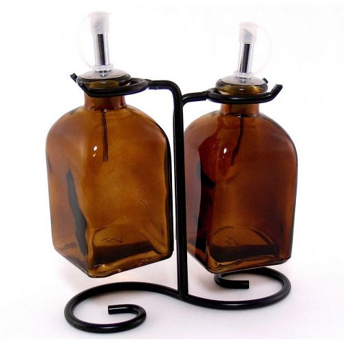  Romantic Decor and More Roman Olive Oil & Vinegar Kitchen Dispensers Decorative Bottles 2pcs ~ G15F Amber Glass Roman Style Oil Vinegar Bottles with Pour Spout and Black Metal Stand ~ Decorative Liquid Di