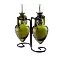 Romantic Decor and More Vintage Green G226VF Olive Oil Vinegar Dish Wash Soap Dispensers, Decorative Colored Glass Cruet Bottles with Cork, Spout and Black Metal Stand. Romantic Decor & More