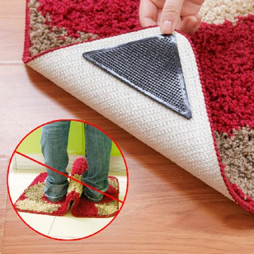  Rommeka 4 Packs Rug Grippers, Carpet Rubber Anti-Skid Pad Reusable with Sticky Double Sided, Keep Your Carpet in Place&Make Corners Flat