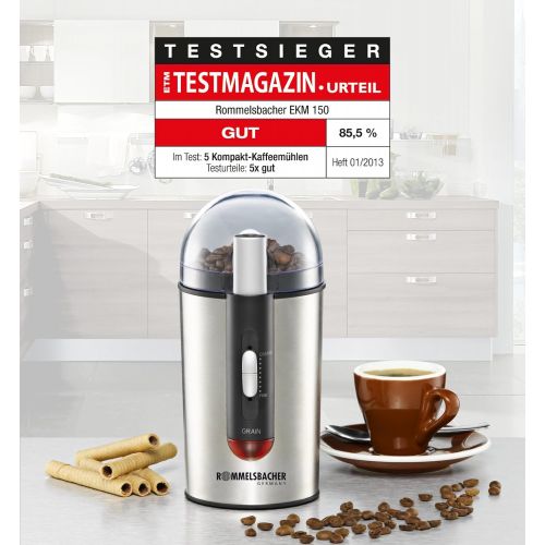  ROMMELSBACHER Kaffeemuehle EKM 150 - Schlagmesser aus Edelstahl, Edelstahl Bohnenbehalter, Fuellmenge 40 g, Mahldauer elektronisch gesteuert, 7 Stufen, auch fuer Gewuerze, Zucker, Nuess