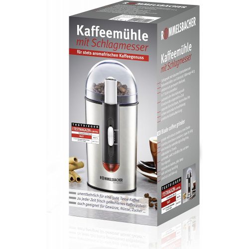  ROMMELSBACHER Kaffeemuehle EKM 150 - Schlagmesser aus Edelstahl, Edelstahl Bohnenbehalter, Fuellmenge 40 g, Mahldauer elektronisch gesteuert, 7 Stufen, auch fuer Gewuerze, Zucker, Nuess