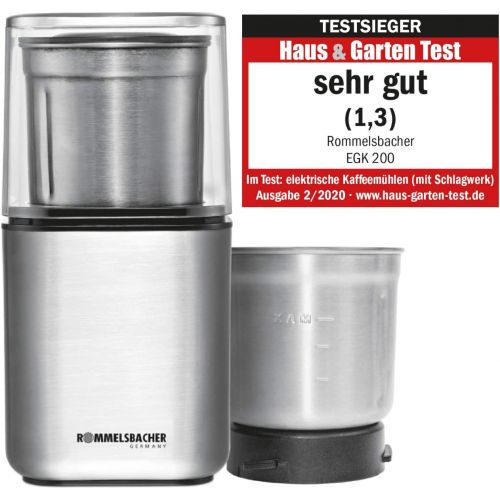  ROMMELSBACHER Gewuerz und Kaffee Muehle EGK 200 - 2 Edelstahlbehalter mit Schlagmesser & Spezialmesser, Fuellmenge 70 g, Mahlgrad ueber Mahldauer wahlbar, auch fuer Pesto, Gewuerze, Nuess