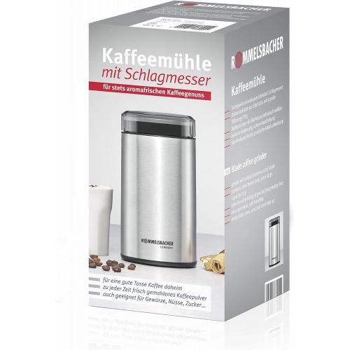  ROMMELSBACHER Kaffeemuehle EKM 100 - Schlagmesser aus Edelstahl, Edelstahl Bohnenbehalter, Fuellmenge 70 g, Mahlgrad ueber Mahldauer wahlbar, auch fuer Gewuerze, Zucker, Nuesse, 200 Watt