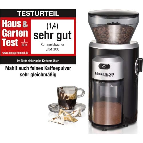  Rommelsbacher ROMMELSBACHER EKM 300 elektrische Kaffeemuehle mit Kegelmahlwerk aus Edelstahl (12 Stufen-Mahlgrad, 2-10 Tassen, Kaffeepulver schonend mahlen, 150 W) schwarz,silber