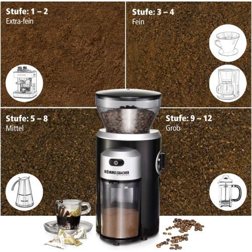  Rommelsbacher ROMMELSBACHER EKM 300 elektrische Kaffeemuehle mit Kegelmahlwerk aus Edelstahl (12 Stufen-Mahlgrad, 2-10 Tassen, Kaffeepulver schonend mahlen, 150 W) schwarz,silber