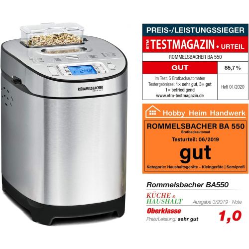  ROMMELSBACHER Brotbackautomat BA 550 - 13 Programme, automatisches Zutatenfach, 2 Brotgroessen (700 g / 900 g), einstellbarer Braunungsgrad in 3 Stufen, auch fuer glutenfreies Brot, E