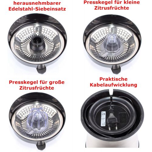  ROMMELSBACHER ZP 85/E Zitruspresse elektrisch (Saftpresse mit leistungsstarkem & leisen Motor, 2 Presskegel, abnehmbares Edelstahl-Sieb, Tropfstopp-Funktion, spuelmaschinengeeignet)