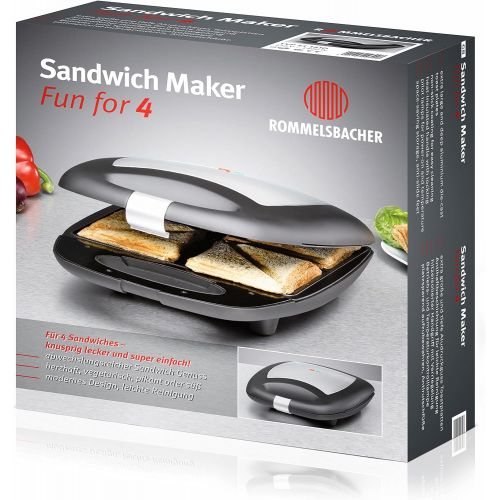  ROMMELSBACHER Sandwich Maker ST 1410 - fuer 4 Sandwiches, 2-Lagen Antihaftbeschichtung, schnelles Aufheizen, warmeisolierter Handgriff, platzsparende Aufbewahrung, schwarz/Edelstahl