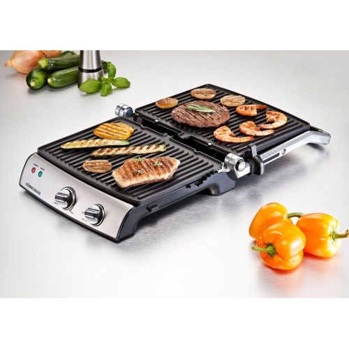  Rommelsbacher KG 2020 Kontaktgrill (aufklappbarer Elektrogrill, XXL-Grillflache 2x 660 cm², 5-fache Hoehenverstellung, 2-Lagen Antihaftbeschichtung, 2000 Watt Power) Edelstahl