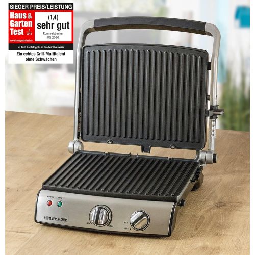  Rommelsbacher KG 2020 Kontaktgrill (aufklappbarer Elektrogrill, XXL-Grillflache 2x 660 cm², 5-fache Hoehenverstellung, 2-Lagen Antihaftbeschichtung, 2000 Watt Power) Edelstahl