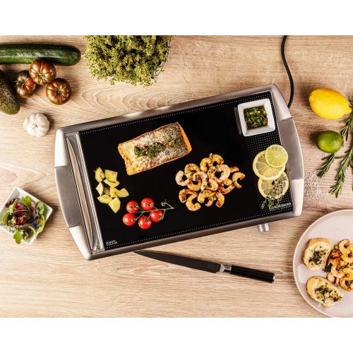  Rommelsbacher ROMMELSBACHER CG 2303/E Ceran-Grill (Made in Germany, Grillen auf Glas, bis 380°C, Tischgrill mit grosser 36x27cm Grillflache, Warmhaltezone, Reinigungsschaber, 2000 W) Edelstahl