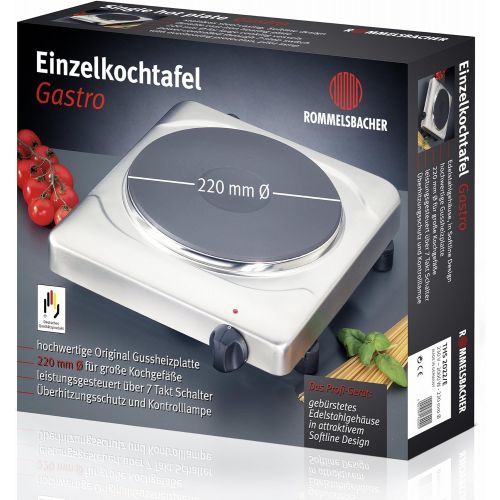  Rommelsbacher ROMMELSBACHER THS 2022/E Einzelkochplatte Gastro (XXL Profi-Gussheizplatte mit 220mm Durchmesser, 2000 W, Made in Germany) Edelstahl