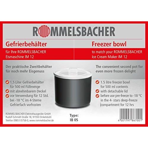  Rommelsbacher ROMMELSBACHER IB 05 Gefrierbehalter fuer IM 12 Eismaschine Kurt / praktischer Zweitbehalter mit abnehmbarem Deckel / 1.5 L / schwarz