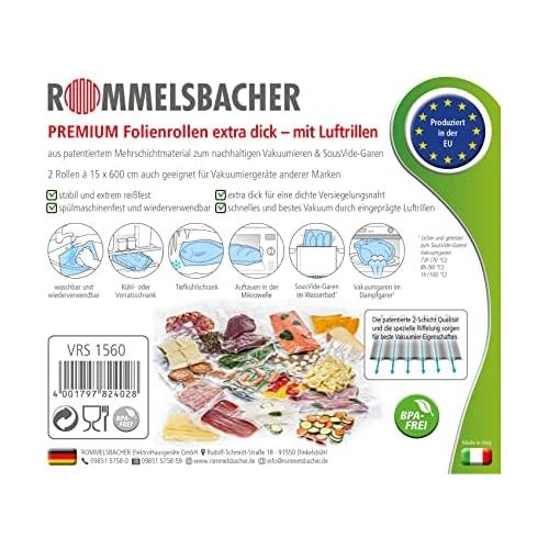  Rommelsbacher ROMMELSBACHER VRS 1560 Profi Folienrollen 15 x 600cm (2 Rollen, BPA-frei, fuer alle Balken-Vakuumierer, eingepragte Luftrillen, wiederverwendbar, extrem reissfest)