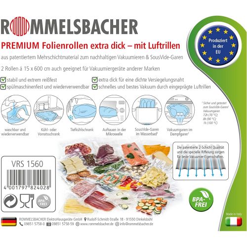  Rommelsbacher ROMMELSBACHER VRS 1560 Profi Folienrollen 15 x 600cm (2 Rollen, BPA-frei, fuer alle Balken-Vakuumierer, eingepragte Luftrillen, wiederverwendbar, extrem reissfest)