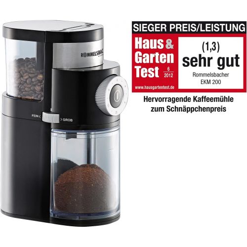  Rommelsbacher ROMMELSBACHER EKM 200 elektrische Kaffeemuehle mit Scheibenmahlwerk / Kaffeepulver taglich frisch / 9 Stufen-Mahlgrad / Mengendosierung / 110 W / schwarz