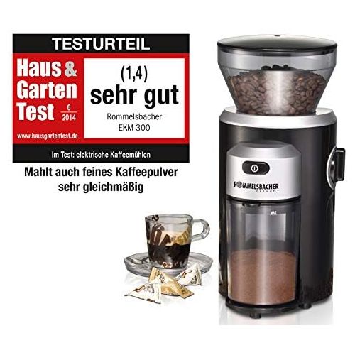  Rommelsbacher ROMMELSBACHER EKM 300 elektrische Kaffeemuehle mit Kegelmahlwerk aus Edelstahl (12 Stufen-Mahlgrad, 2-10 Tassen, Kaffeepulver schonend mahlen, 150 W) schwarz,silber