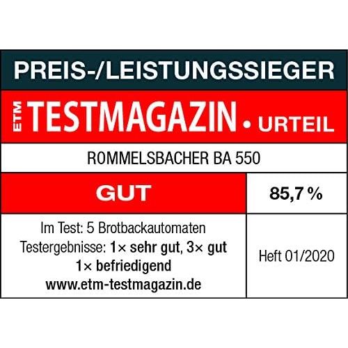  ROMMELSBACHER Brotbackautomat BA 550 - 13 Programme, automatisches Zutatenfach, 2 Brotgroessen (700 g / 900 g), einstellbarer Braunungsgrad in 3 Stufen, auch fuer glutenfreies Brot, E