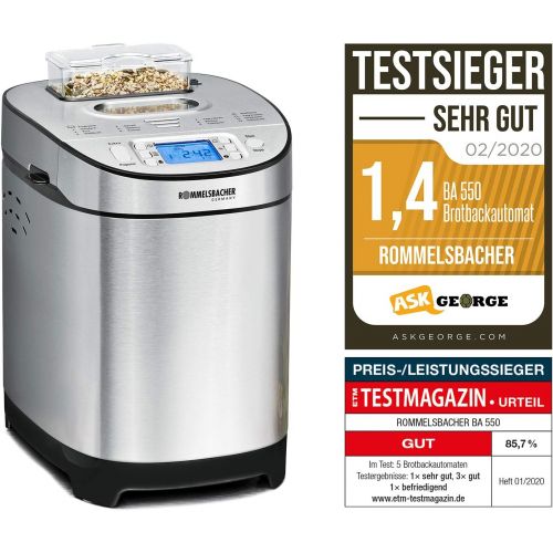  ROMMELSBACHER Brotbackautomat BA 550 - 13 Programme, automatisches Zutatenfach, 2 Brotgroessen (700 g / 900 g), einstellbarer Braunungsgrad in 3 Stufen, auch fuer glutenfreies Brot, E