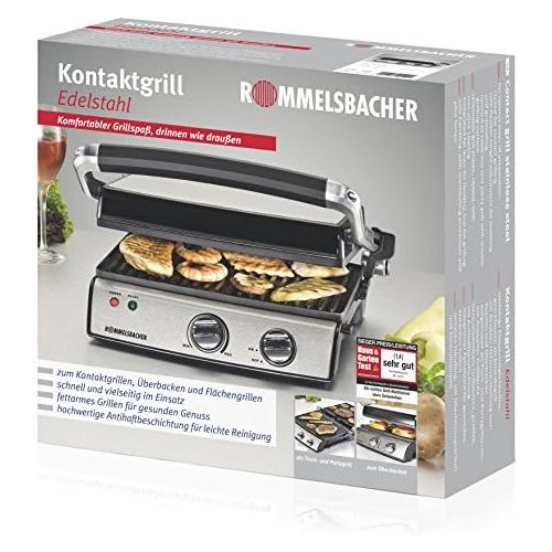  Rommelsbacher KG 2020 Kontaktgrill (aufklappbarer Elektrogrill, XXL-Grillflache 2x 660 cm², 5-fache Hoehenverstellung, 2-Lagen Antihaftbeschichtung, 2000 Watt Power) Edelstahl