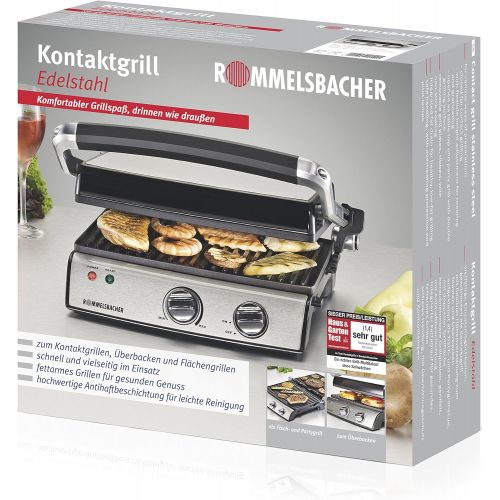  Rommelsbacher KG 2020 Kontaktgrill (aufklappbarer Elektrogrill, XXL-Grillflache 2x 660 cm², 5-fache Hoehenverstellung, 2-Lagen Antihaftbeschichtung, 2000 Watt Power) Edelstahl