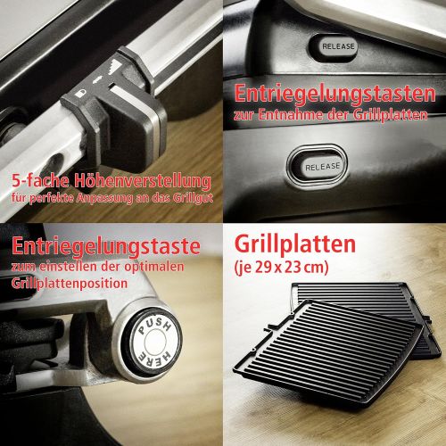  Rommelsbacher KG 2020 Kontaktgrill (aufklappbarer Elektrogrill, XXL-Grillflache 2x 660 cm², 5-fache Hoehenverstellung, 2-Lagen Antihaftbeschichtung, 2000 Watt Power) Edelstahl