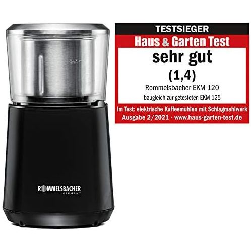  ROMMELSBACHER Kaffeemuehle EKM 120 - Schlagwerk, 4-fluegeliges Messer aus Edelstahl, Edelstahl-Bohnenbehalter, Fuellmenge 50 g, Mahlgrad ueber Mahldauer einstellbar, 200 Watt, schwarz/