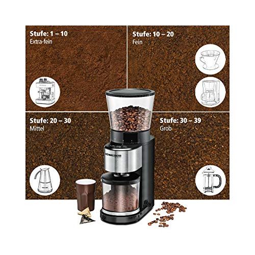  ROMMELSBACHER Kaffeemuehle EKM 500 - Kegelmahlwerk, Prazisions-Waage, Halterung fuer Siebtrager, Mahlgrad in 39 Stufen, 5 Funktionstasten fuer individuelle und flexible Nutzung