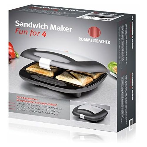  ROMMELSBACHER Sandwich Maker ST 1410 - fuer 4 Sandwiches, 2-Lagen Antihaftbeschichtung, schnelles Aufheizen, warmeisolierter Handgriff, platzsparende Aufbewahrung, schwarz/Edelstahl