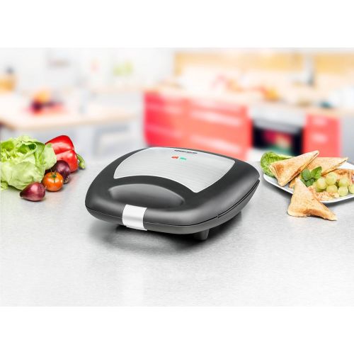  ROMMELSBACHER Sandwich Maker ST 1410 - fuer 4 Sandwiches, 2-Lagen Antihaftbeschichtung, schnelles Aufheizen, warmeisolierter Handgriff, platzsparende Aufbewahrung, schwarz/Edelstahl